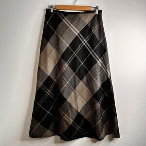 Talbots Midi Maxi Wool Skirt Sz 10 Petite Black Brown Plaid Academia Made USA